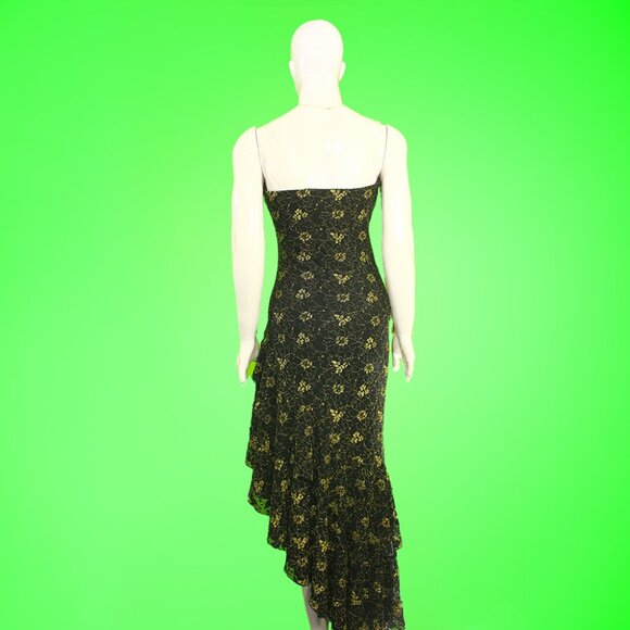 Chic 1990s Vintage Black & Gold Floral Asymmetrical Midi Dress - Picture 2 of 4